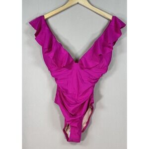 J Crew 1 Piece Size 20 Swimsuit Ruffled Plunge Neck Fuchsia Swimwear Beach